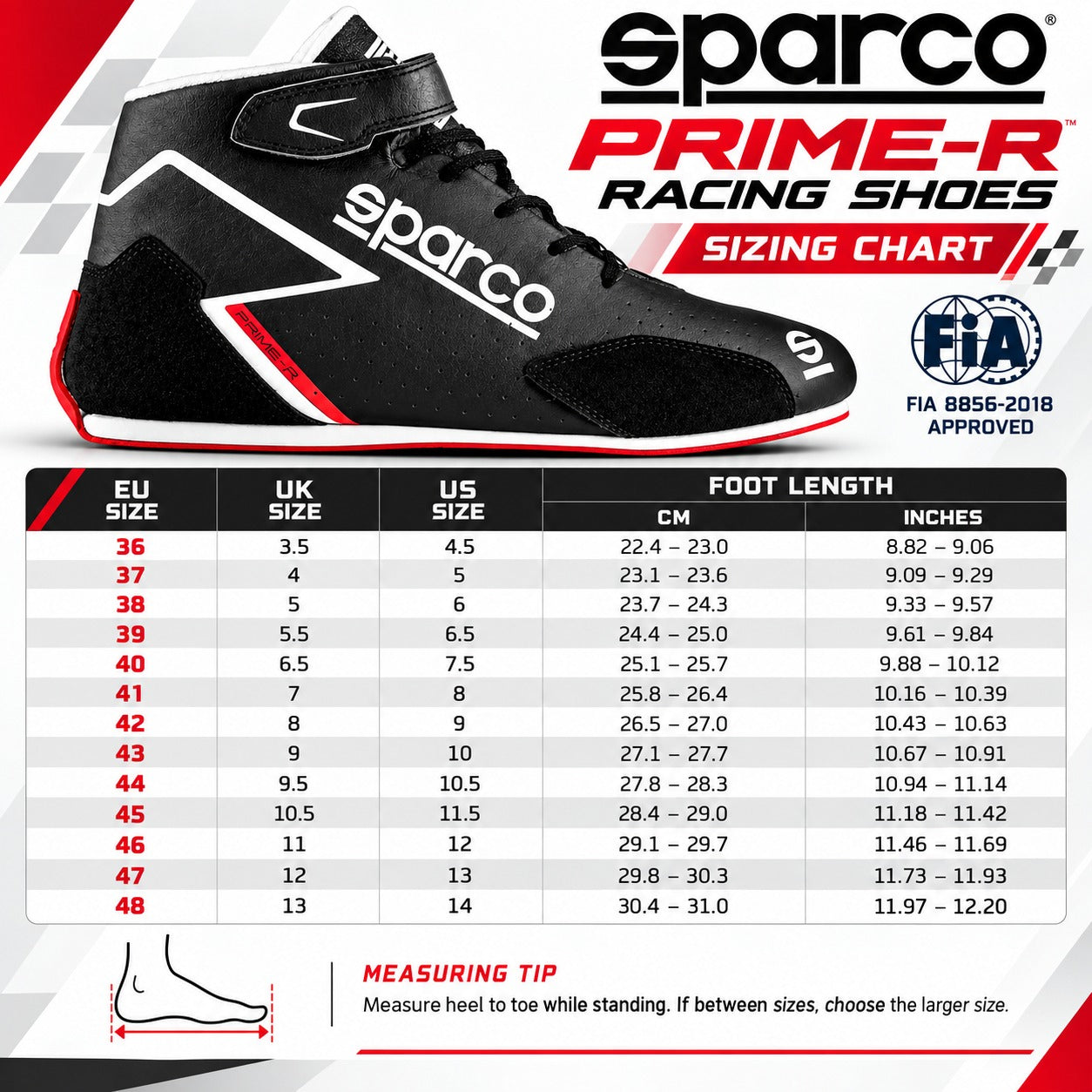 Sparco Prime-R Racing Shoes sizing chart featuring black, white, and red racing shoes, EU sizes 36–48, US men's and UK size conversions, foot length measurements in centimeters and inches, and FIA 8856-2018 certification.