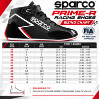 Thumbnail for Sparco Prime-R Racing Shoes sizing chart featuring black, white, and red racing shoes, EU sizes 36–48, US men's and UK size conversions, foot length measurements in centimeters and inches, and FIA 8856-2018 certification.