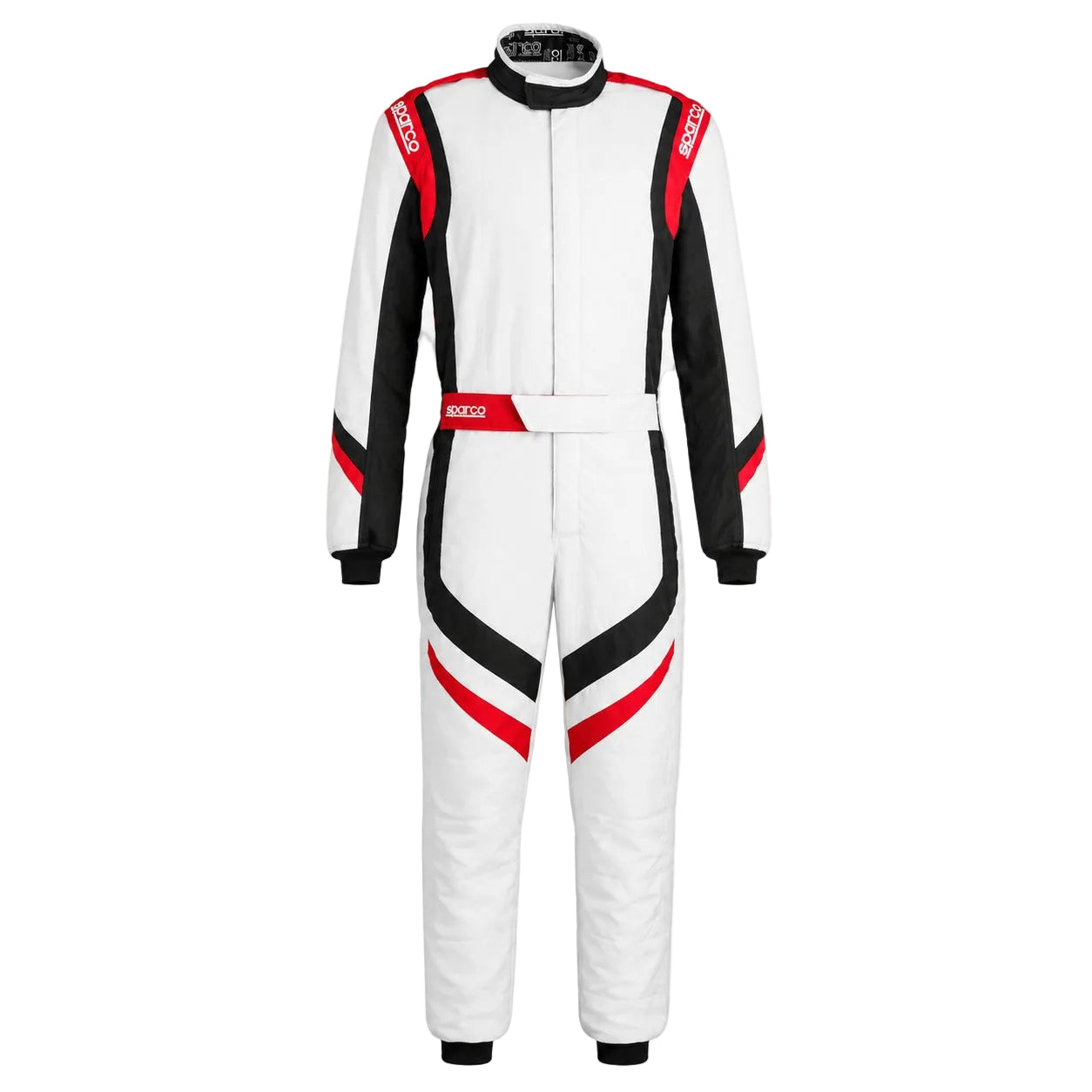 Sparco Prime racing suit in white with red and black accents on a clean white background
