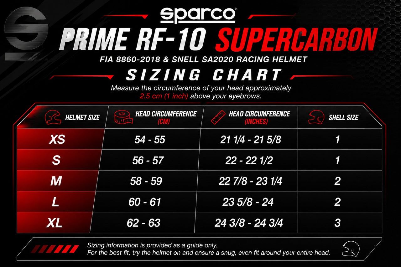 Sparco Prime RF-10 Supercarbon helmet sizing chart with XS through XL sizes, head circumference measurements in centimeters and inches, and shell sizes