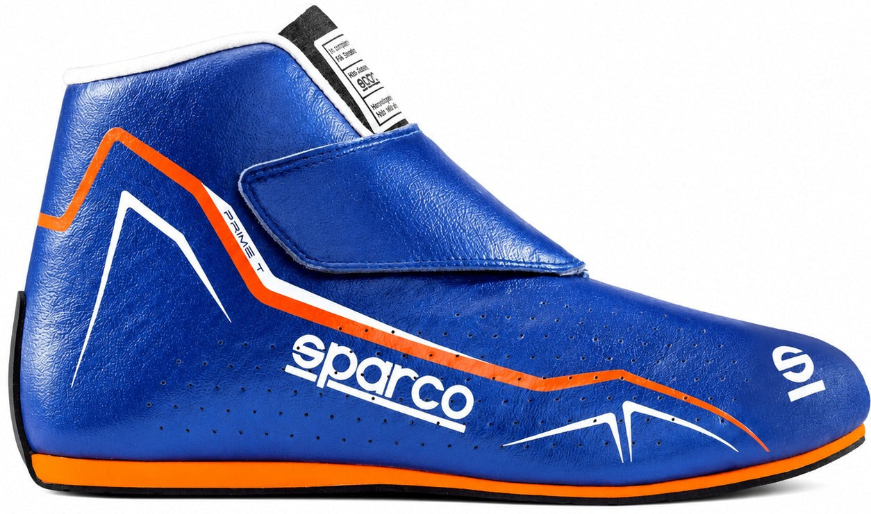 Sparco Prime-T racing shoe in blue with orange and white accents, shown in a right-facing side view on a white background.
