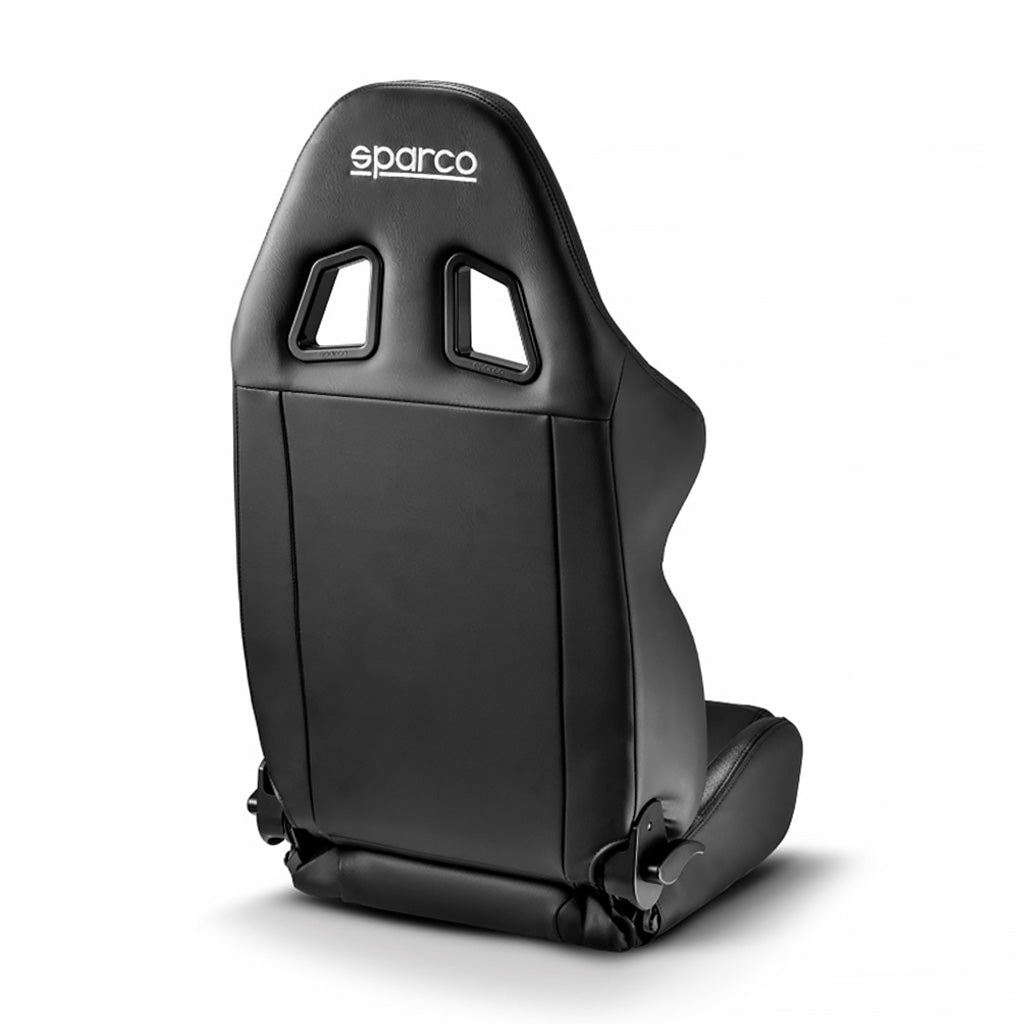 Rear view of Sparco R500 seat featuring harness pass-throughs and branding