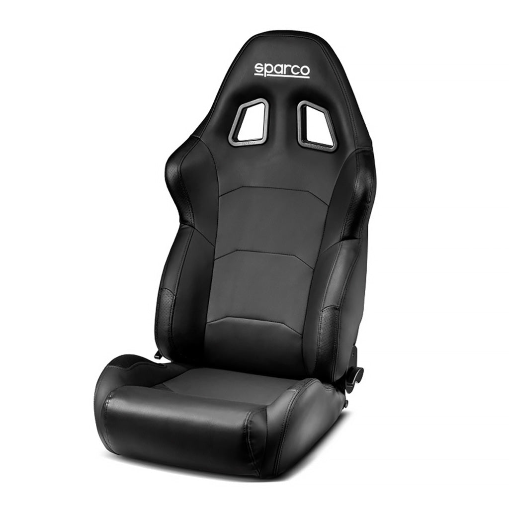 Close-up of Sparco R500 seat showing ergonomic shoulder support and headrest