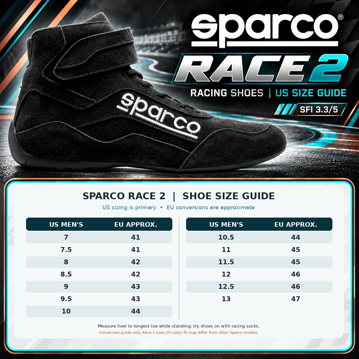 Sparco Race 2 Racing Shoes US men's sizing chart featuring black suede high-top racing shoes, sizes 7–13 including half sizes, SFI 3.3/5 certification, and racing shoe fit guidance.