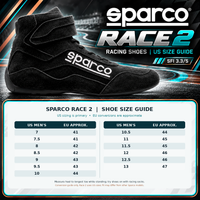 Thumbnail for Sparco Race 2 Racing Shoes US men's sizing chart featuring black suede high-top racing shoes, sizes 7–13 including half sizes, SFI 3.3/5 certification, and racing shoe fit guidance.