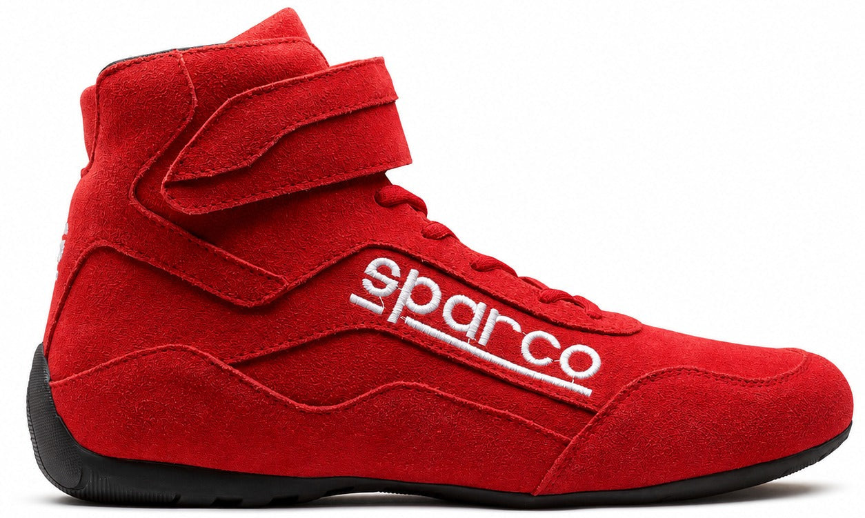Sparco Race 2 racing shoe in red suede, shown in a straight right-facing side view on a white background.