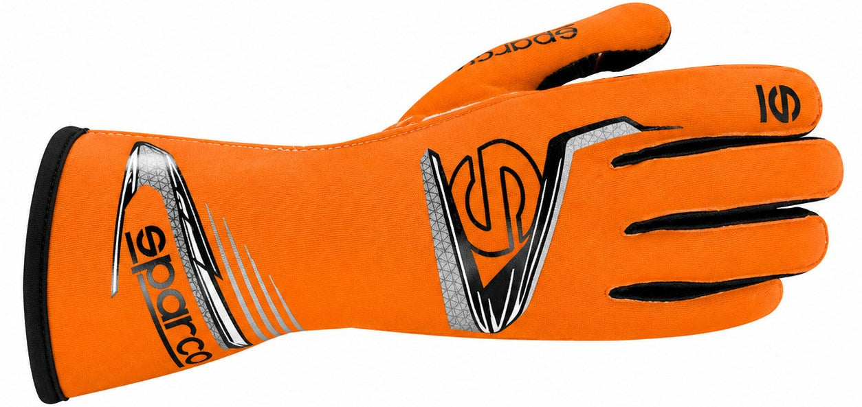 An orange Sparco racing glove with black and silver accents, shown from the back on a plain white background.