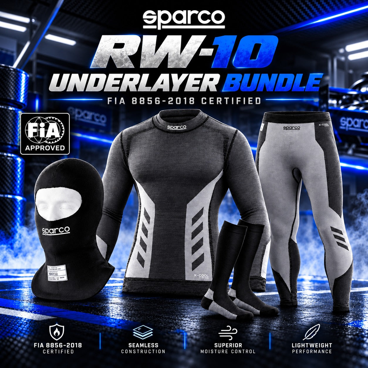Sparco RW-10 racing underlayer bundle with balaclava, shirt, pants and Nomex socks FIA 8856-2018 certified