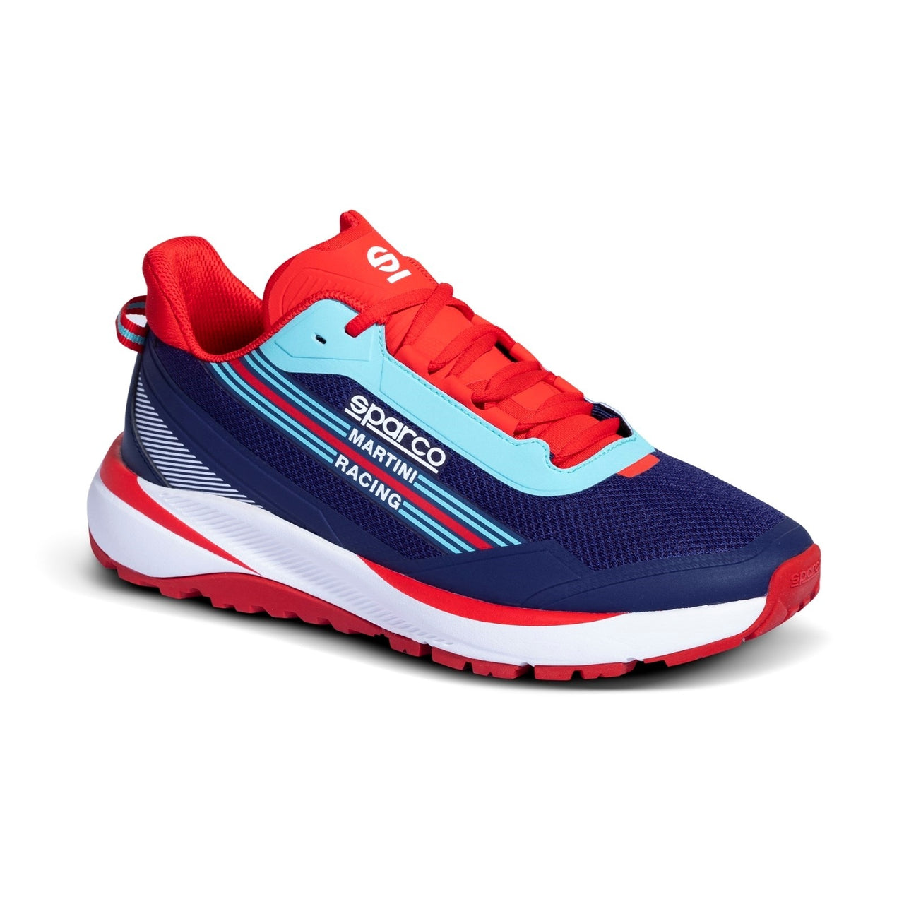 Sparco S-Run Martini Racing Shoe – Angled front view with red laces and light blue accents