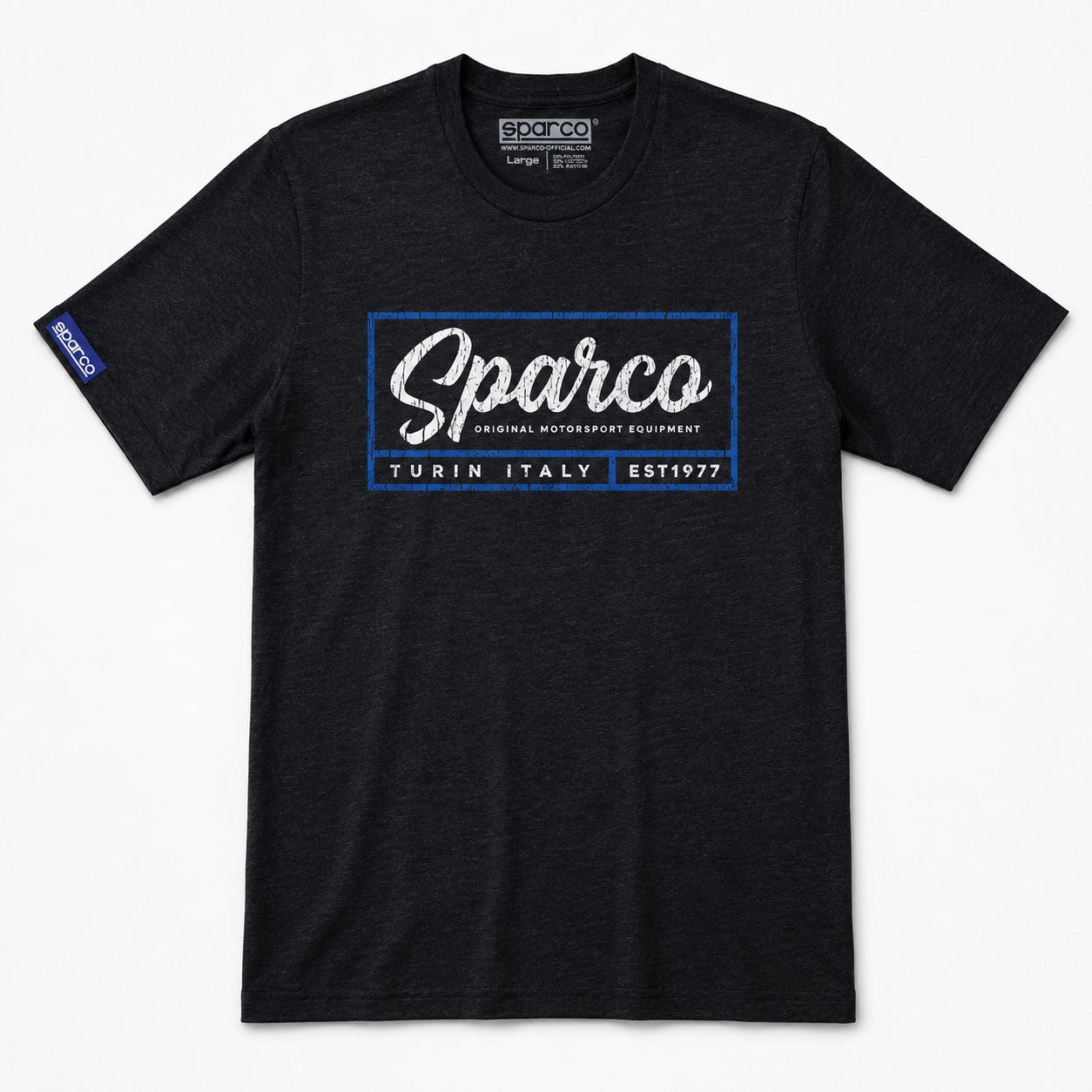 Sparco Script Tee Black front view with vintage motorsport logo