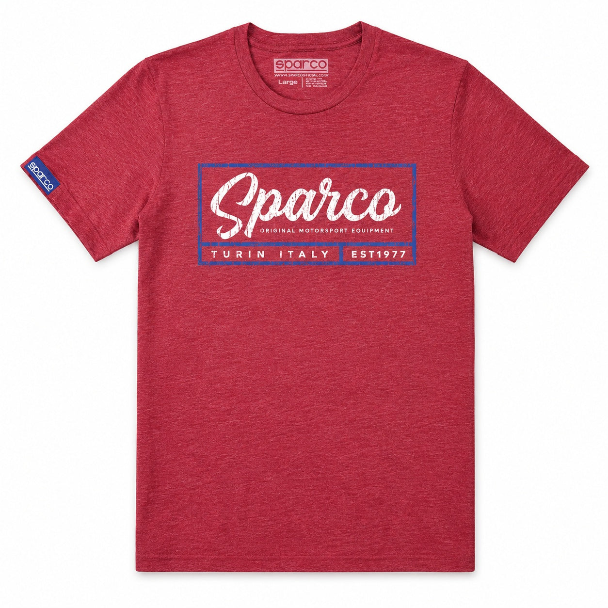 Alt: Sparco Script Tee red front view with vintage motorsport logo
