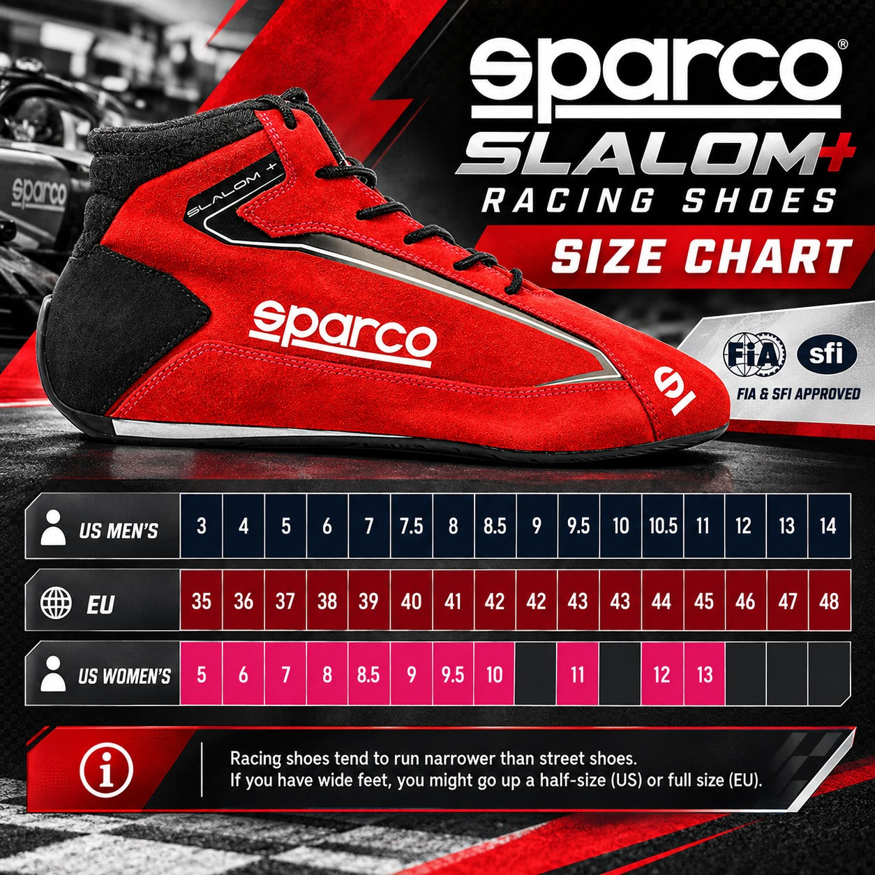 Sparco Slalom+ Racing Shoes sizing chart featuring red suede racing shoes, EU, US men's, and US women's shoe size conversions, FIA and SFI racing certifications, and racing shoe fit guidance.