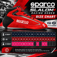 Thumbnail for Sparco Slalom+ Racing Shoes sizing chart featuring red suede racing shoes, EU, US men's, and US women's shoe size conversions, FIA and SFI racing certifications, and racing shoe fit guidance.