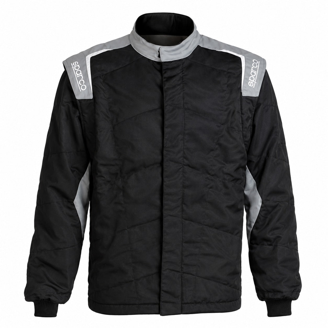 Sparco Sport Light racing jacket in black and grey shown as an upper-body Shopify image with Sparco shoulder logos, quilted construction, knit cuffs, and grey collar.