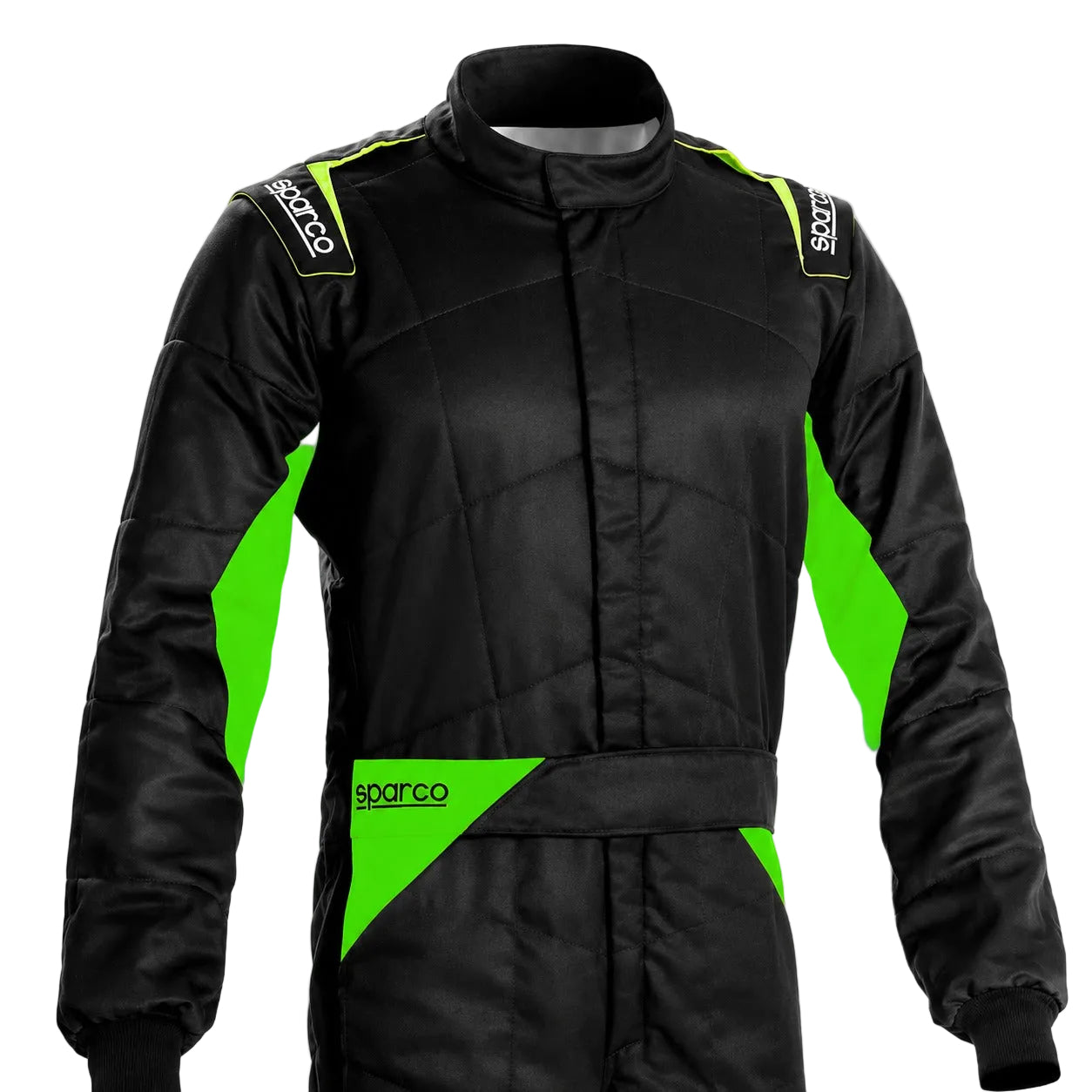 Sparco Sprint race suit upper torso in black with bright green accents and Sparco shoulder branding