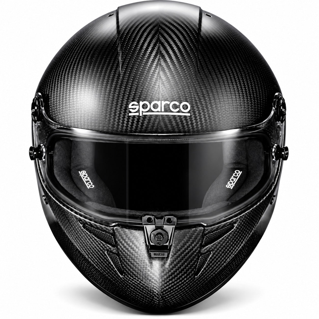 Sparco Stealth KF Carbon Fiber karting helmet front view featuring an exposed black carbon fiber shell, dark visor, central locking mechanism, chin ventilation, and white Sparco branding.