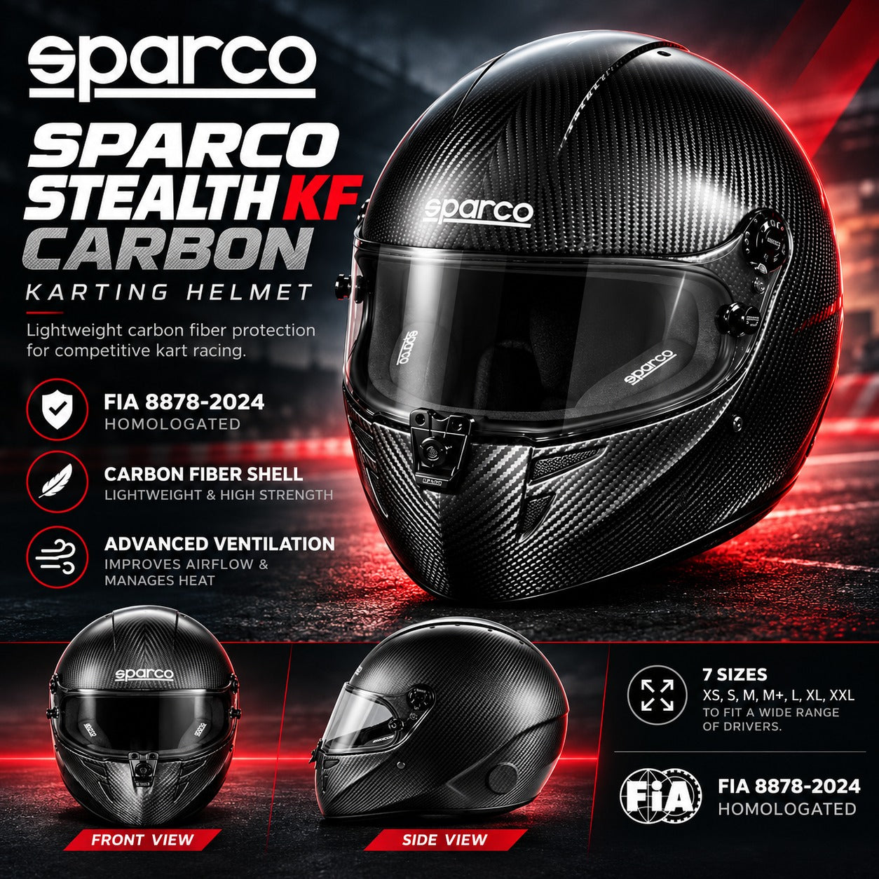 Sparco Stealth KF Carbon Fiber karting helmet hero image featuring exposed black carbon fiber shell, FIA 8878-2024 homologation, advanced ventilation, lightweight construction, and front and side helmet views.
