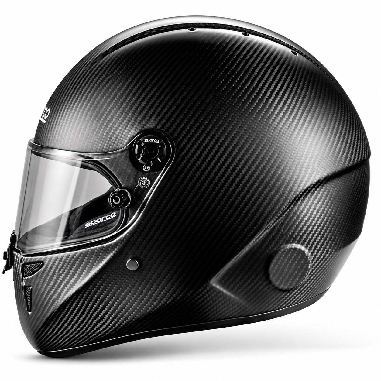 Sparco Stealth KF Carbon Fiber karting helmet side profile image featuring an exposed black carbon fiber shell, clear visor, aerodynamic full-face design, and chin ventilation.