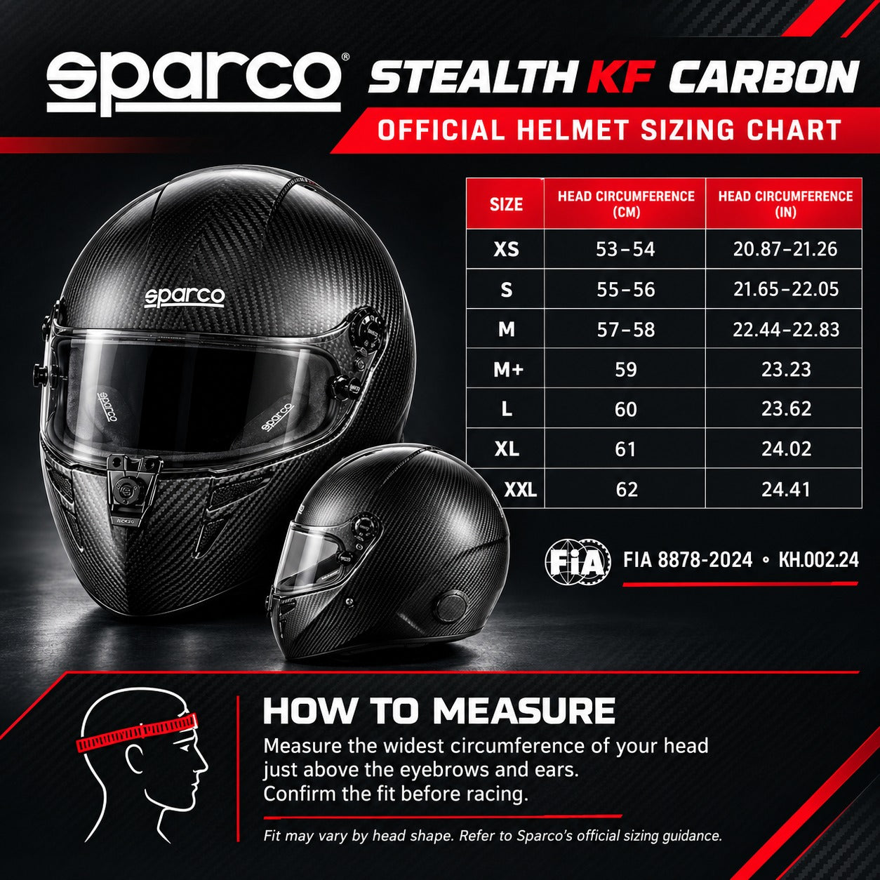 Sparco Stealth KF Carbon Fiber karting helmet sizing chart showing XS through XXL sizes, head circumference measurements in centimeters and inches, FIA 8878-2024 certification, and head measuring instructions.
