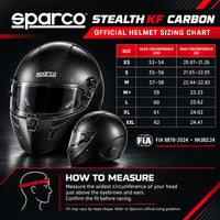 Thumbnail for Sparco Stealth KF Carbon Fiber karting helmet sizing chart showing XS through XXL sizes, head circumference measurements in centimeters and inches, FIA 8878-2024 certification, and head measuring instructions.