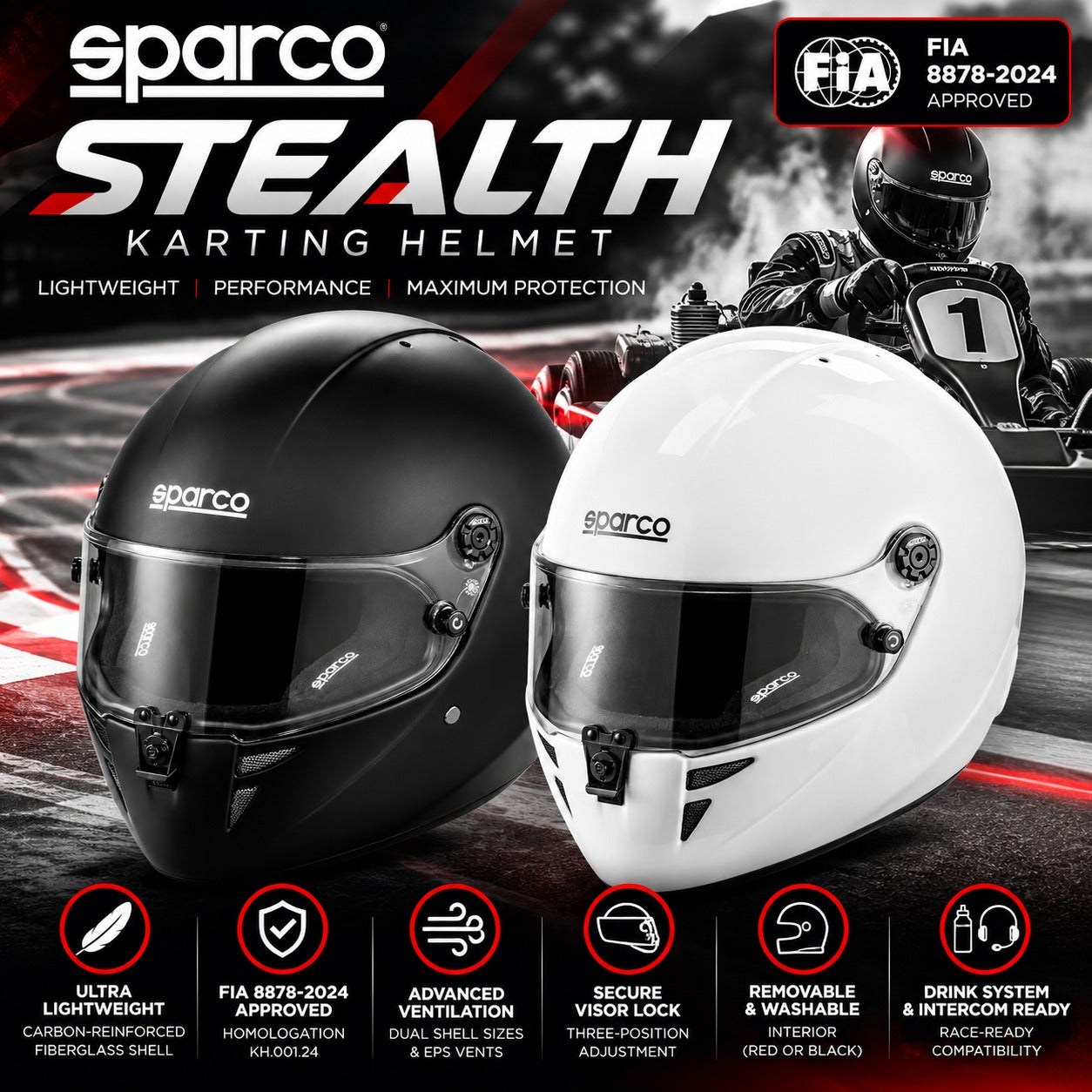 Sparco Stealth Karting Helmet shown in two color options: matte black and glossy white. The image features a racing background with a racer in a helmet, FIA 8878-2024 approval badge, and six feature icons at the bottom highlighting its lightweight carbon fiber shell, ventilation, secure visor lock, and washability.