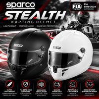 Thumbnail for Sparco Stealth Karting Helmet shown in two color options: matte black and glossy white. The image features a racing background with a racer in a helmet, FIA 8878-2024 approval badge, and six feature icons at the bottom highlighting its lightweight carbon fiber shell, ventilation, secure visor lock, and washability.