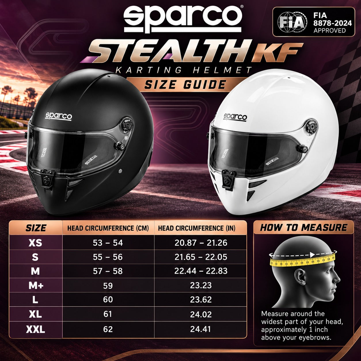 Sparco Stealth KF Karting Helmet sizing chart featuring Matte Black and Gloss White helmets, sizes XS through XXL, head circumference measurements in centimeters and inches, FIA 8878-2024 certification, and helmet measurement instructions
