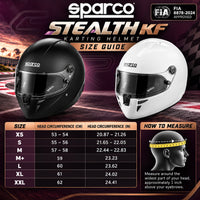 Thumbnail for Sparco Stealth KF Karting Helmet sizing chart featuring Matte Black and Gloss White helmets, sizes XS through XXL, head circumference measurements in centimeters and inches, FIA 8878-2024 certification, and helmet measurement instructions