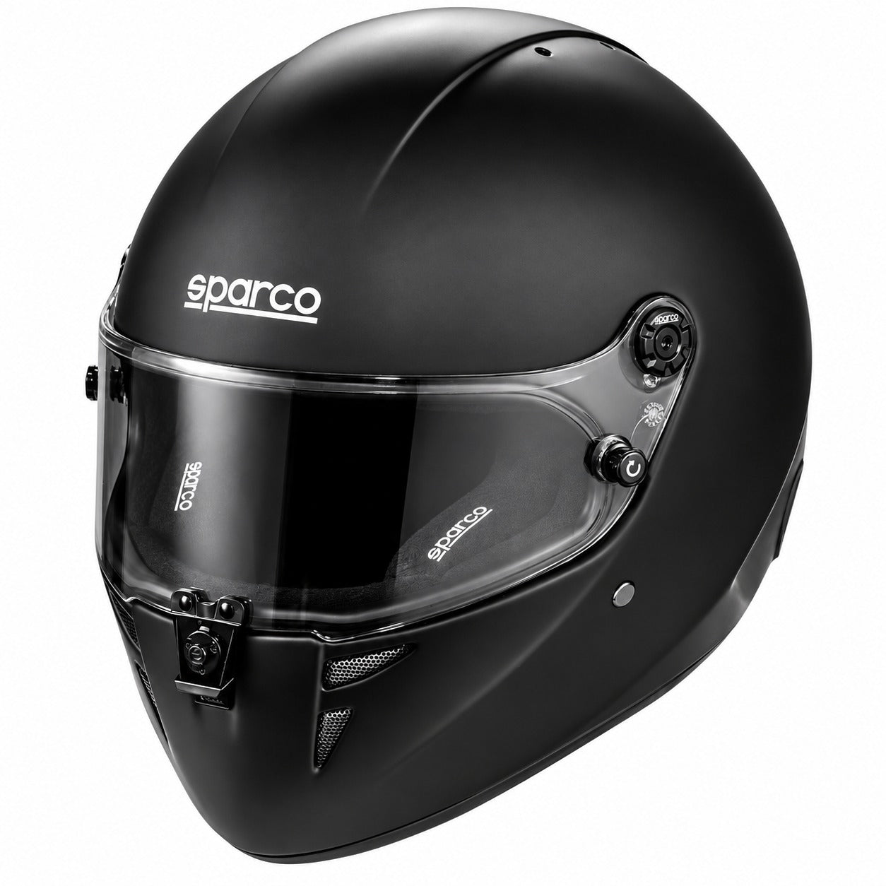 Sparco Stealth Full-Face Racing Helmet in matte black featuring an aerodynamic shell, clear visor with black interior padding, Sparco branding, and integrated chin ventilation.