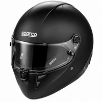 Thumbnail for Sparco Stealth Full-Face Racing Helmet in matte black featuring an aerodynamic shell, clear visor with black interior padding, Sparco branding, and integrated chin ventilation.