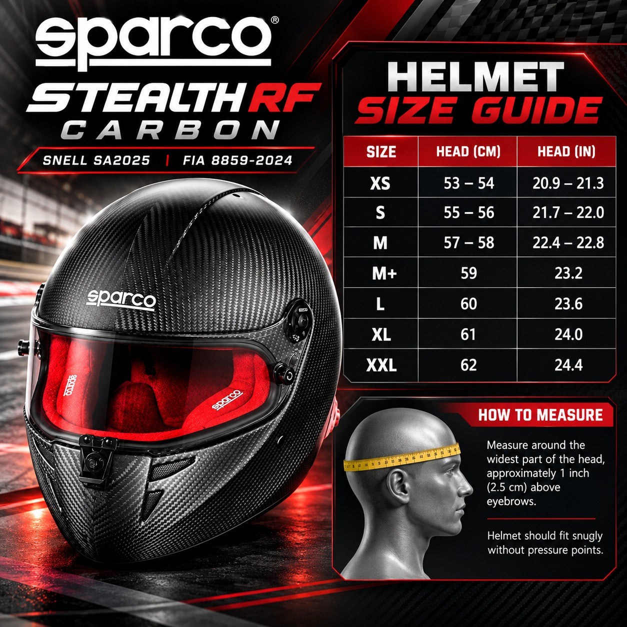 Sparco Stealth RF Carbon SA2025 racing helmet sizing chart showing sizes XS through XXL, head circumference in centimeters and inches, carbon fiber helmet with red interior, and proper head measuring instructions.