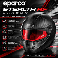 Thumbnail for Sparco Stealth RF Carbon racing helmet hero image featuring lightweight carbon fiber shell, red fire-resistant interior, Snell SA2025 and FIA 8859-2024 certification, advanced ventilation, factory-installed HANS/FHR posts, removable lining, and hydration system compatibility.