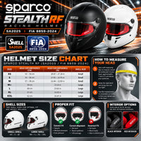 Thumbnail for Sparco Stealth RF SA2025 racing helmet sizing chart featuring Matte Black and Gloss White helmets, head circumference measurements in centimeters and inches, sizes XS through XXL, small and large shell sizes, proper helmet fitting instructions, and black or red interior options in a bold orange and black design.