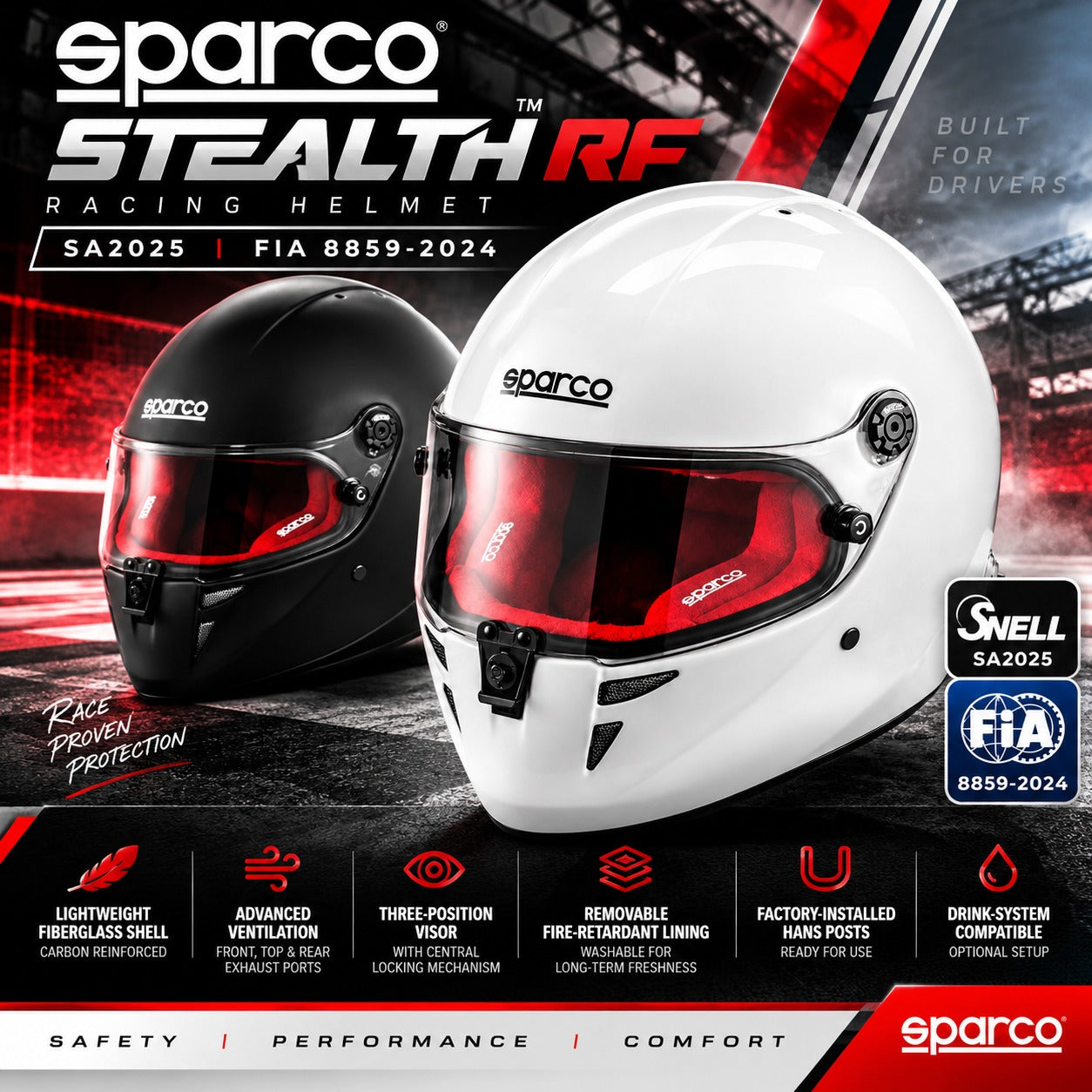 Sparco Stealth RF racing helmets in Matte Black and Gloss White with red interiors, featuring Snell SA2025 and FIA 8859-2024 certifications, lightweight carbon-reinforced fiberglass shells, advanced ventilation, three-position visors, removable fire-retardant linings, factory-installed HANS posts, and optional hydration compatibility.