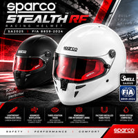 Thumbnail for Sparco Stealth RF racing helmets in Matte Black and Gloss White with red interiors, featuring Snell SA2025 and FIA 8859-2024 certifications, lightweight carbon-reinforced fiberglass shells, advanced ventilation, three-position visors, removable fire-retardant linings, factory-installed HANS posts, and optional hydration compatibility.