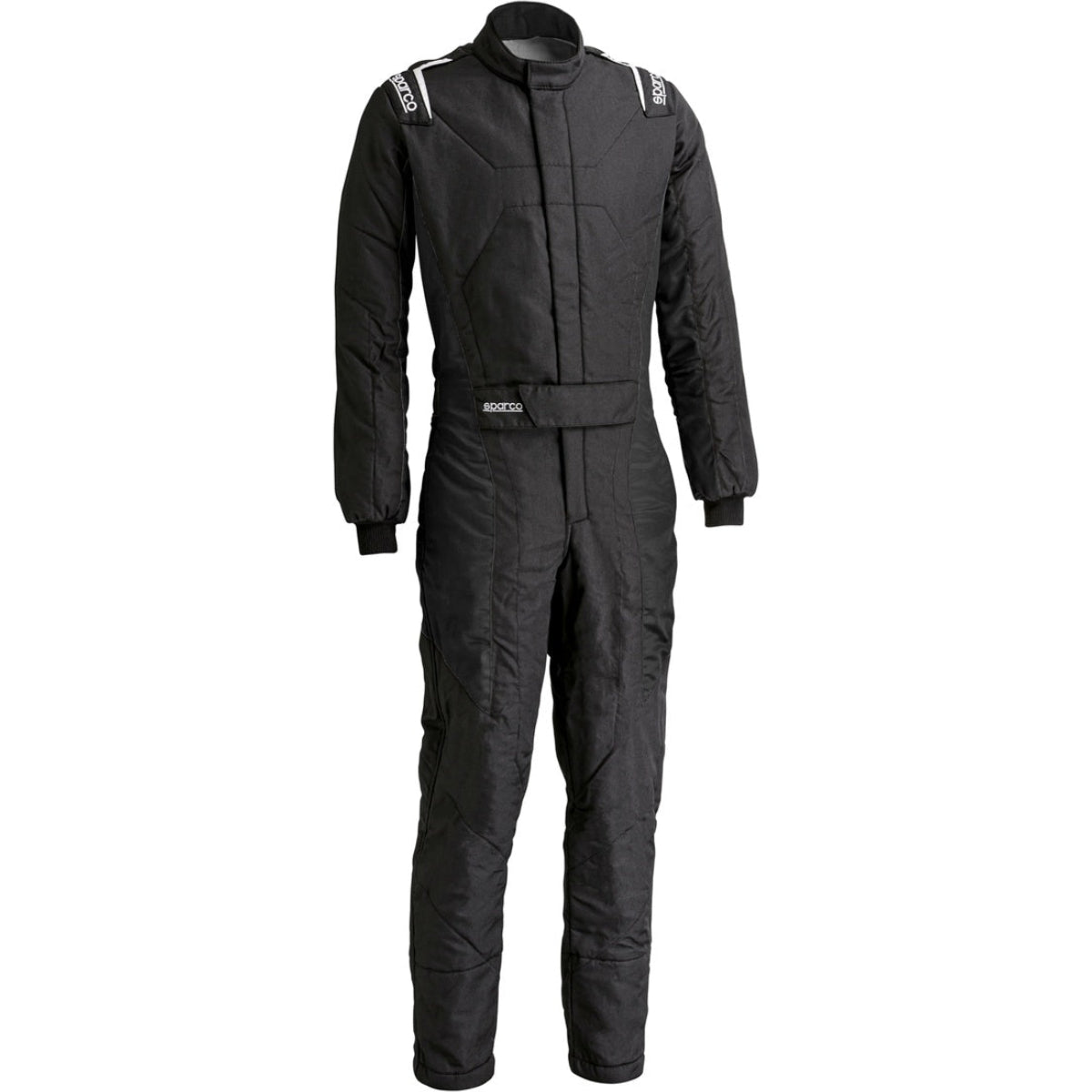 Sparco Stint racing suit in black front view with Sparco shoulder and waist branding