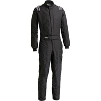 Thumbnail for Sparco Stint racing suit in black front view with Sparco shoulder and waist branding