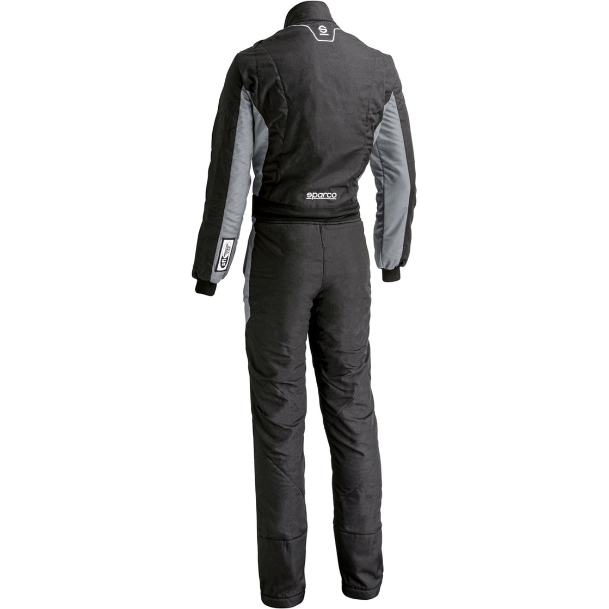 Sparco Stint racing suit in black and gray back view with Sparco rear waist branding