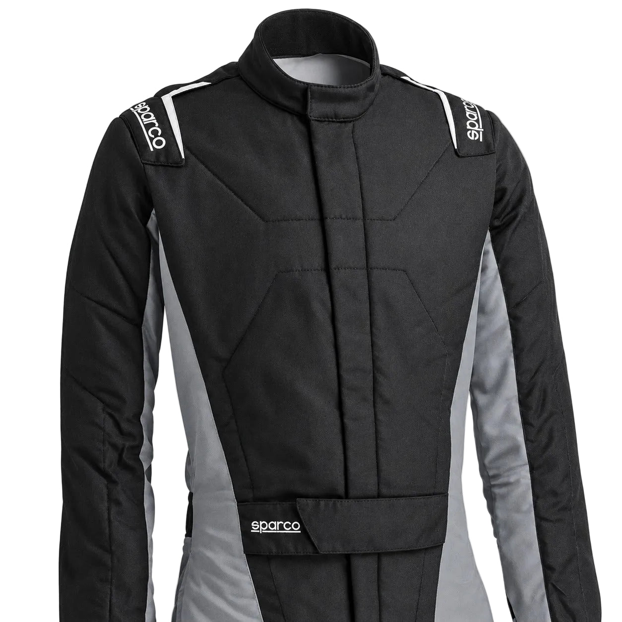 Sparco Stint racing suit upper torso in black and gray with Sparco shoulder and waist branding