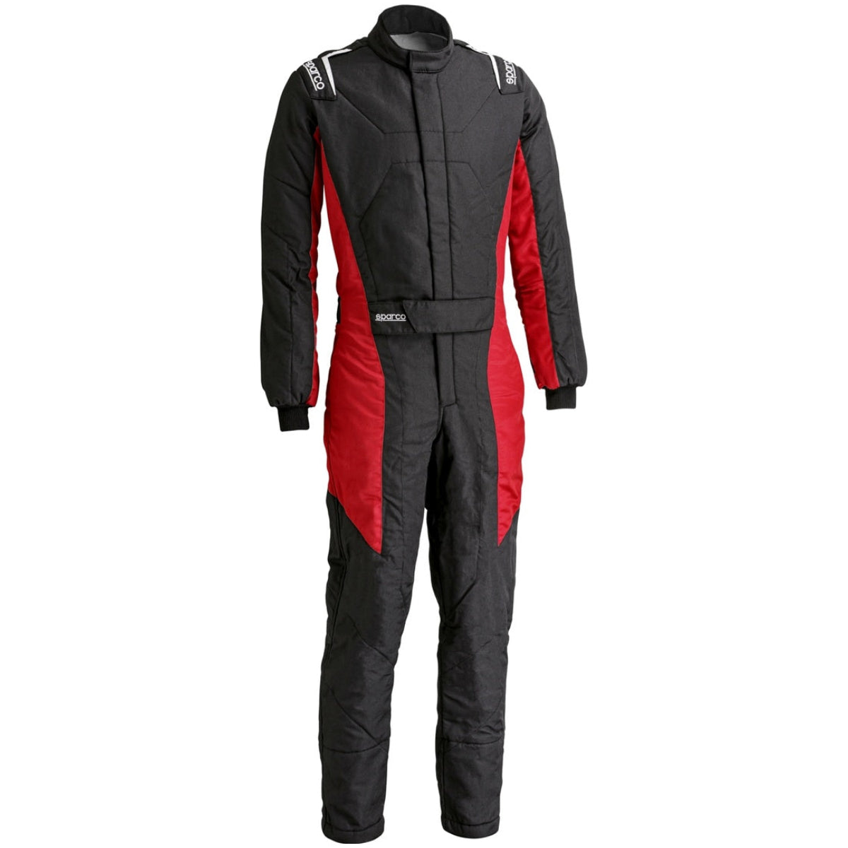 Sparco Stint racing suit in black and red front view with Sparco shoulder and waist branding