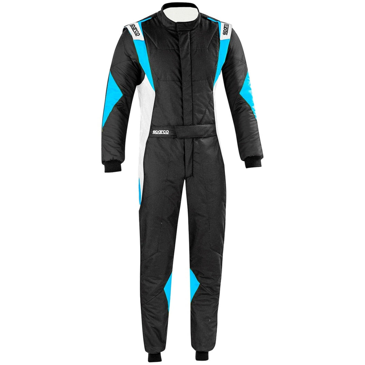 Sparco Superleggera Driver Race Suit in black and blue with white accents, lightweight construction, four-way stretch panels, and FIA/SFI approval.