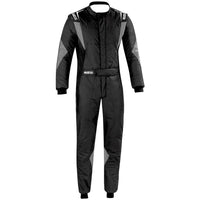 Thumbnail for Sparco Superleggera Driver Race Suit in black and grey with lightweight FIA/SFI approved construction, four-way stretch panels, and 360 floating arm gussets.