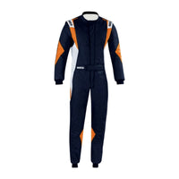 Thumbnail for Sparco Superleggera Driver Race Suit in navy and orange with white accents, lightweight FIA/SFI approved construction, four-way stretch panels, and 360 floating arm gussets.