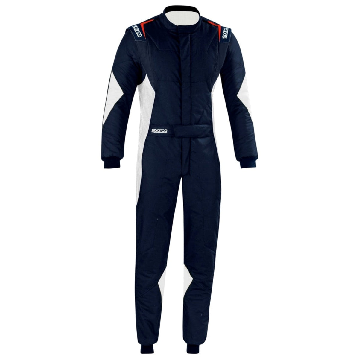 Sparco Superleggera Driver Race Suit in navy and white with red accents, lightweight FIA/SFI approved construction, four-way stretch panels, and pre-curved arms and legs.