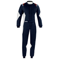 Thumbnail for Sparco Superleggera Driver Race Suit in navy and white with red accents, lightweight FIA/SFI approved construction, four-way stretch panels, and pre-curved arms and legs.