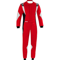 Thumbnail for Sparco Superleggera Driver Race Suit in red and black with white accents, lightweight FIA/SFI approved construction, four-way stretch panels, and pre-curved arms and legs.