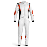 Thumbnail for Sparco Superleggera Driver Race Suit in white and red with black accents, lightweight FIA/SFI approved construction, four-way stretch panels, and pre-curved fit.