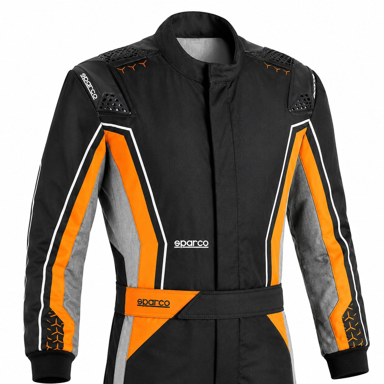 Sparco Superleggera K 2025 racing suit upper torso in black with orange accents and Sparco branding