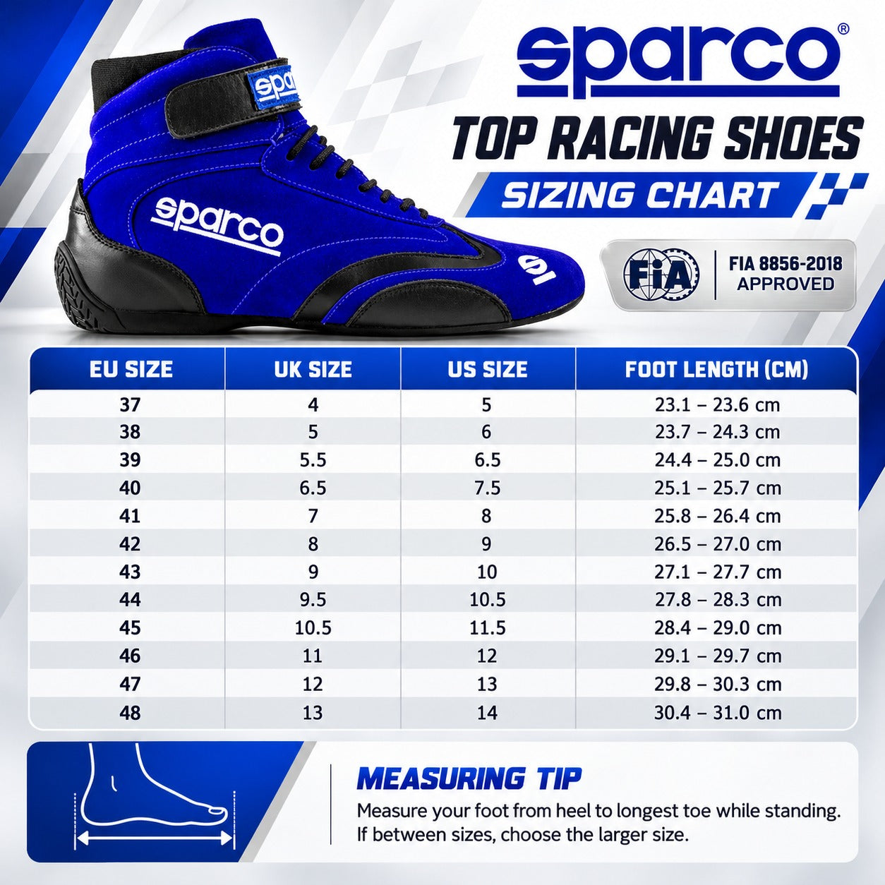 Sparco Top Racing Shoes sizing chart featuring blue suede high-top racing shoes, EU sizes 37–48, US men's and UK size conversions, foot length measurements in centimeters, and FIA 8856-2018 certification.