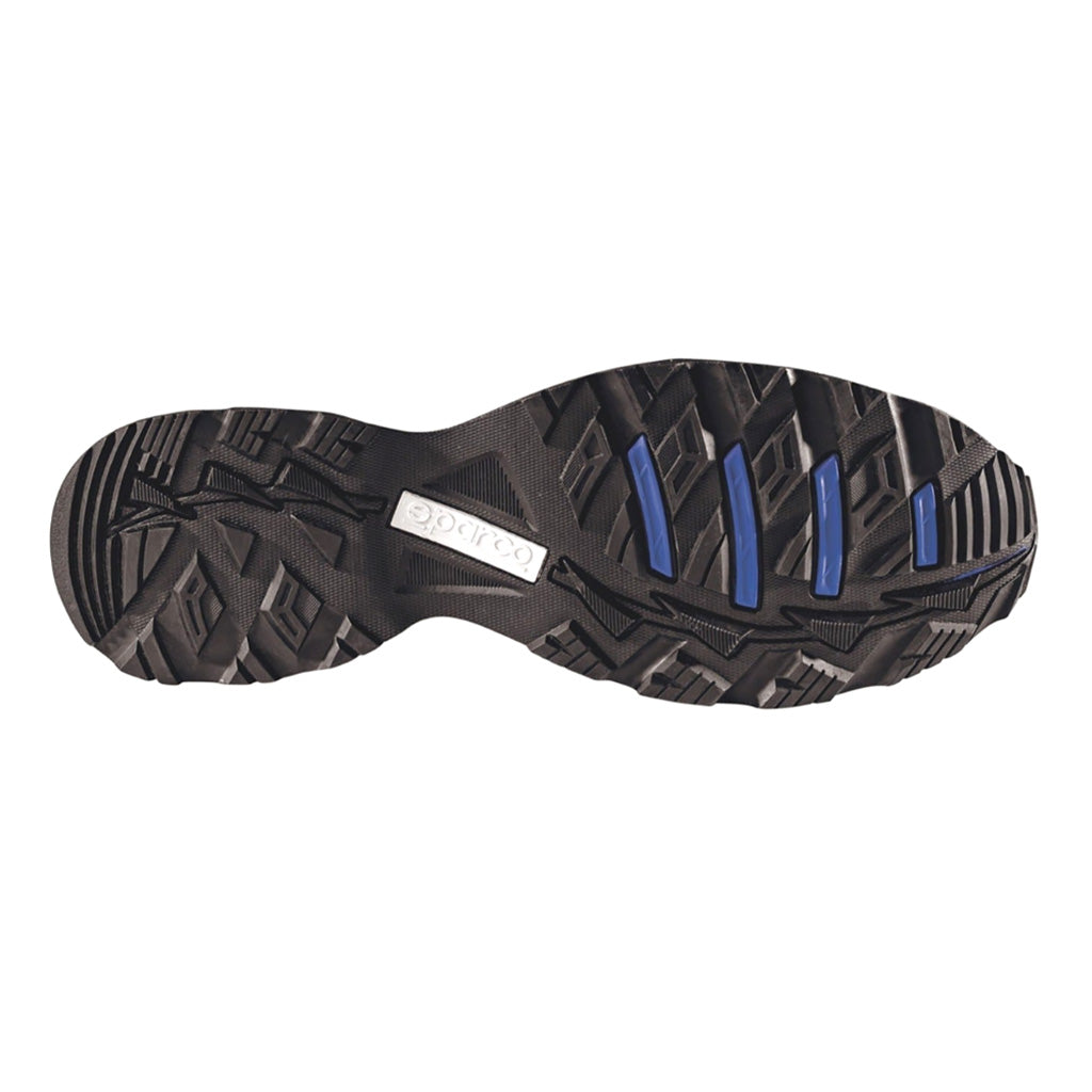 Black and blue sole of a shoe on a white background